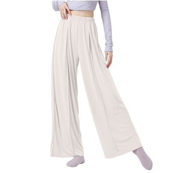 Virmaxy Womens Quick-drying Lightweight Palazzo Wide Leg Pants Wide Leg Pants for High Elastic Waist Flowy Pants Summer Casual Loose Comfy Beige M
