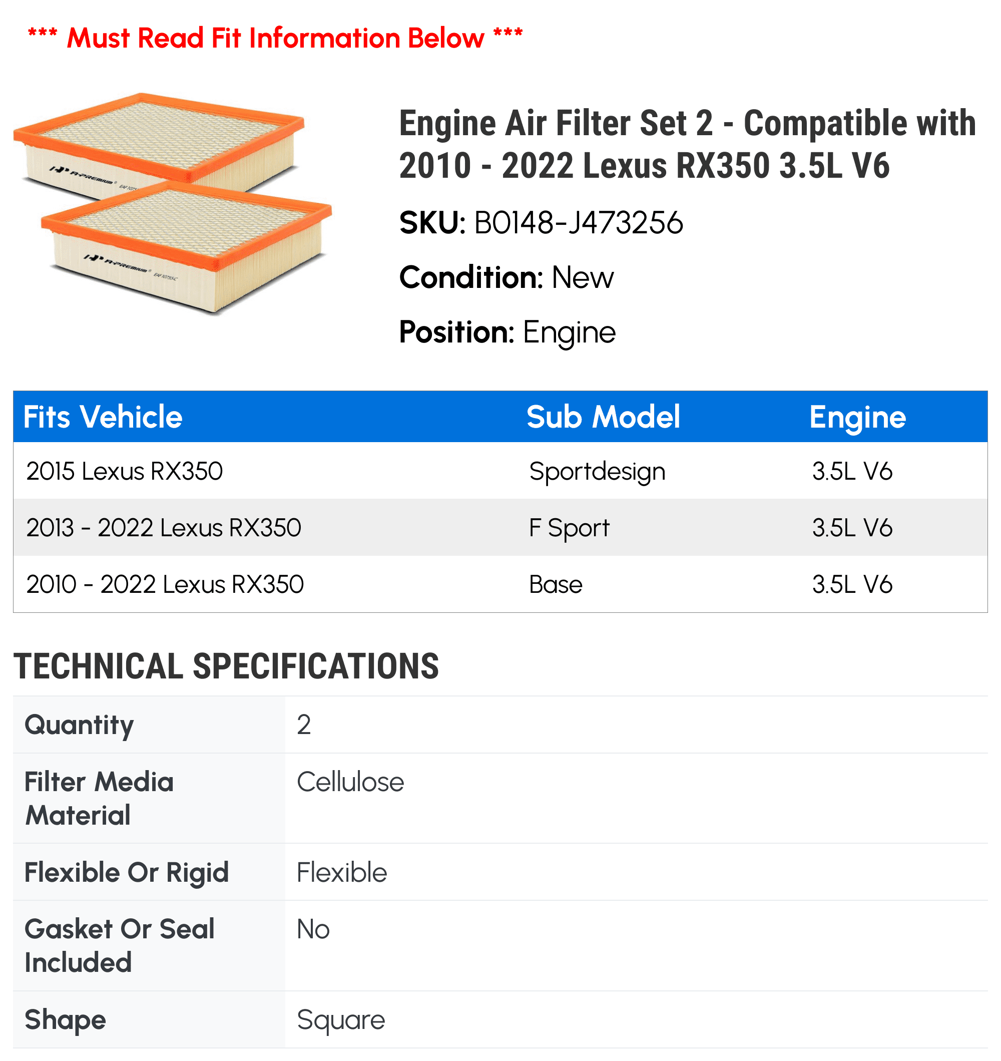 Engine Air Filter Set 2 - Compatible with 2010 - 2022 Lexus RX350 3.5L V6 - Autopart Premium