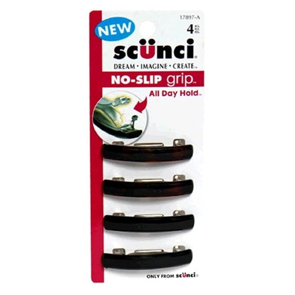 Scunci No Slip Grip All Day Hold No Slip Grip Hair Barrettes, Tortoise and Black, 4 Ct (3 pack)