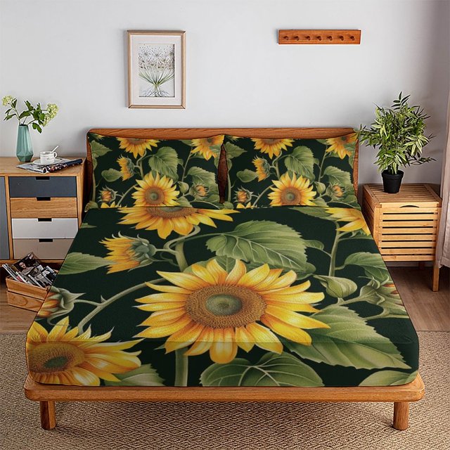 2/3pcs Sunflower Fitted Sheet Set Children Adult Soft Cozy Bedding Set with Pillowcase,Queen (60"x80")