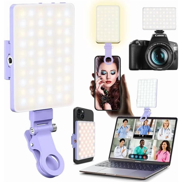 60 luces LED portátiles para selfies, iluminación de videoconferencia con clip y adaptador de trípode para cámara, recargable, 2000 mAh, CRI 97+, 3 modos de luz para teléfono, , cámara web