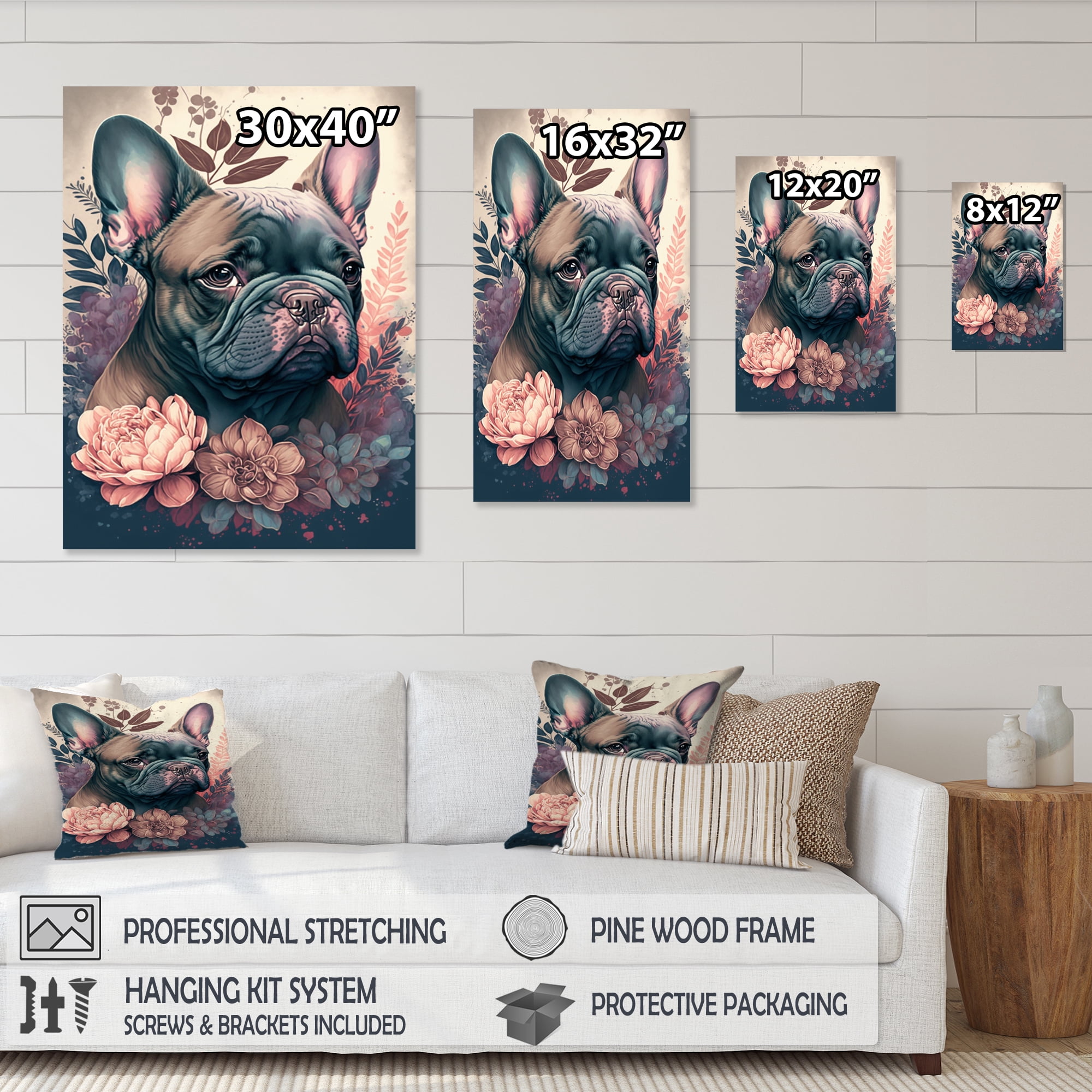 Designart Cute Frenchie Floral Art II Canvas Wall Art