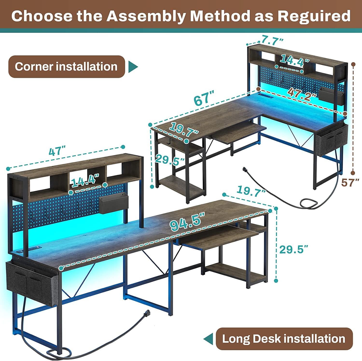 Reversible Gaming Desk with LED Lights & Power Strips, L-Shaped Computer Desk with Storage Shelves & Pegboard for Home Office, Dark Gray