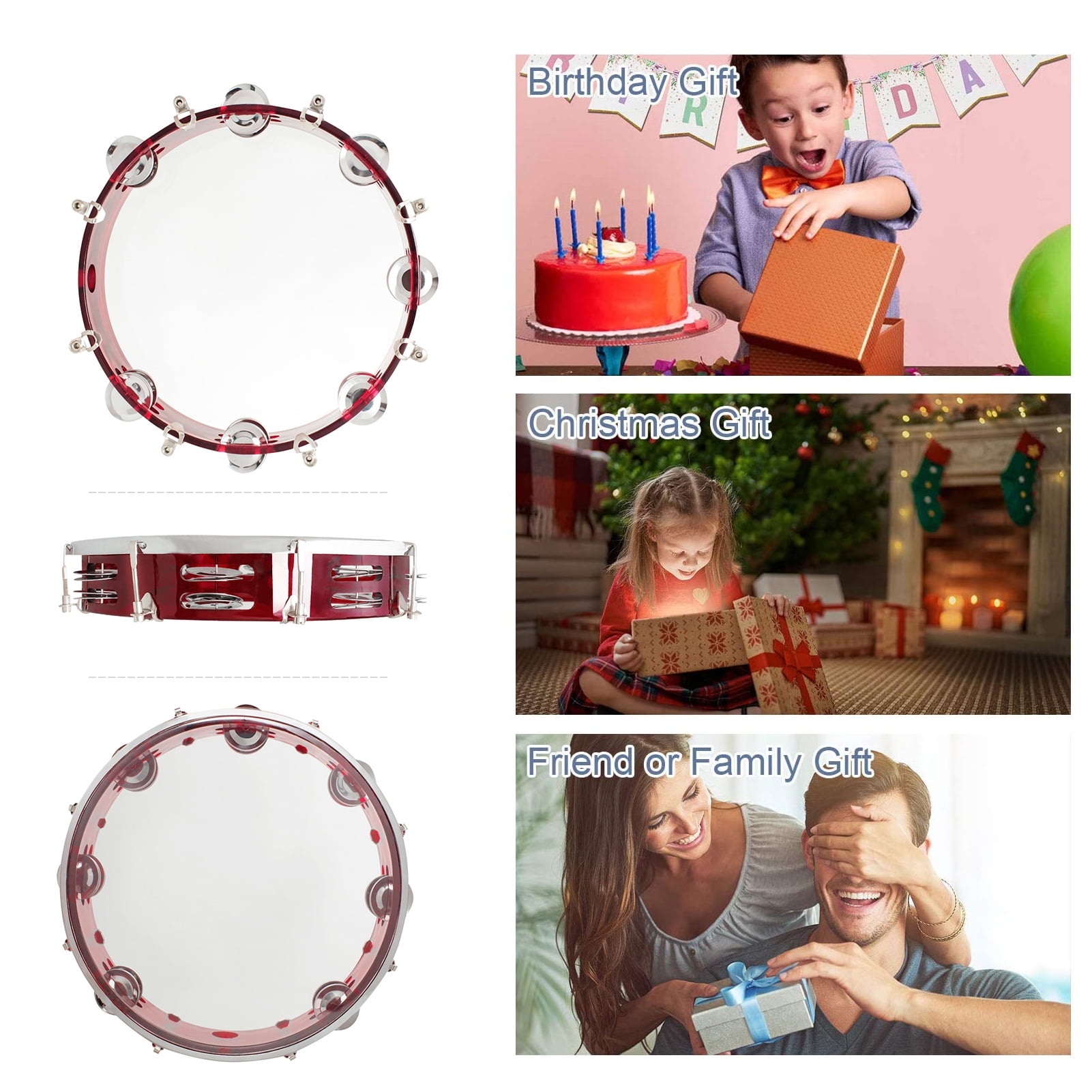 OWSOO 10 Inch Handheld Tambourine Double Row Tambourine Drum Set Percussion Instrument Musical Instrument for Church Performance Adults with Tuning Key Red