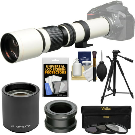 Vivitar 500mm f/8.0 Telephoto Lens (T Mount) (White) with 2x Teleconverter (=1000mm) + Tripod + 3 Filters Kit for Sony Alpha A3000, A5000, A5100, A6000, A7, A7R, A7S E-Mount