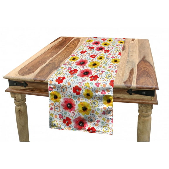 Watercolor Flowers Table Runner, Springtime Poppy with Brushstroke Effects Butterflies Pastel Season, Dining Room Kitchen Rectangular Runner, 3 Sizes, by Ambesonne