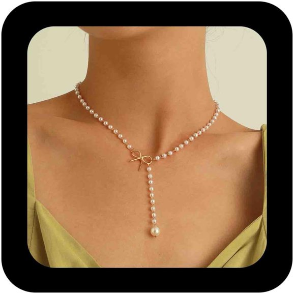 Boho Pearl Lariat Necklace Chain Pearl Y Chain Necklace Bow Knot Choker Necklaces Gold Y Drop Necklaces Chain Jewelry for Women