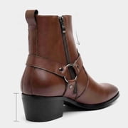 Men's Pointed Toe Harness Boots, Square Toe Side Zipper Cowboy Boots, Casual Block Heel Short Boots Fashion Chelsea Ankle BootsBlack/Brown