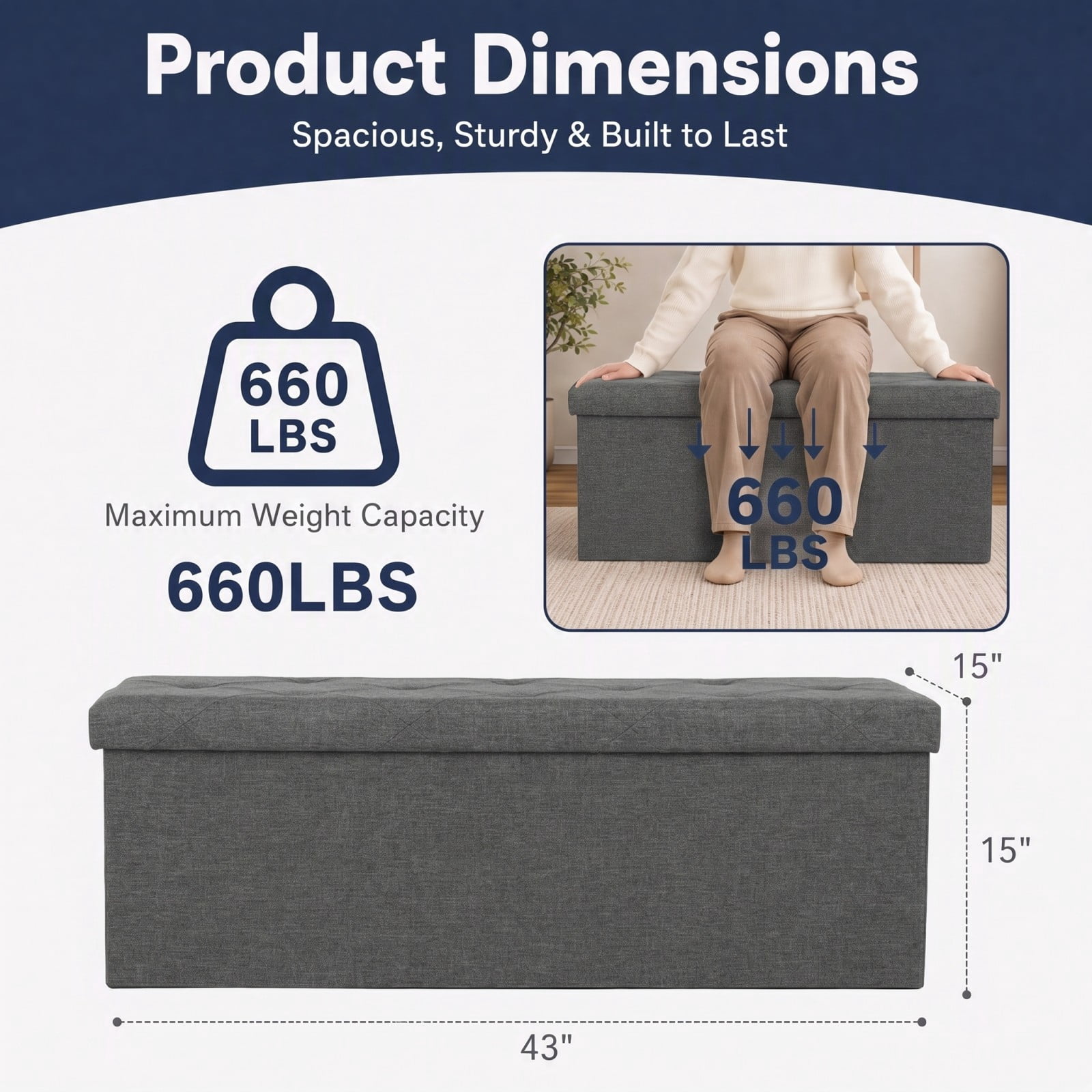 Telyra 43" Foldable Storage Ottoman Bench Fabric Footrest Stool with Foam Padded Seat, Gray