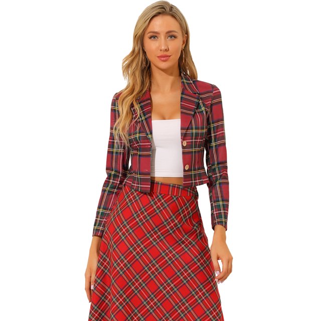 Unique Bargains Blazer Court Tartan à Carreaux Extensible avec Revers Cranté pour Femmes