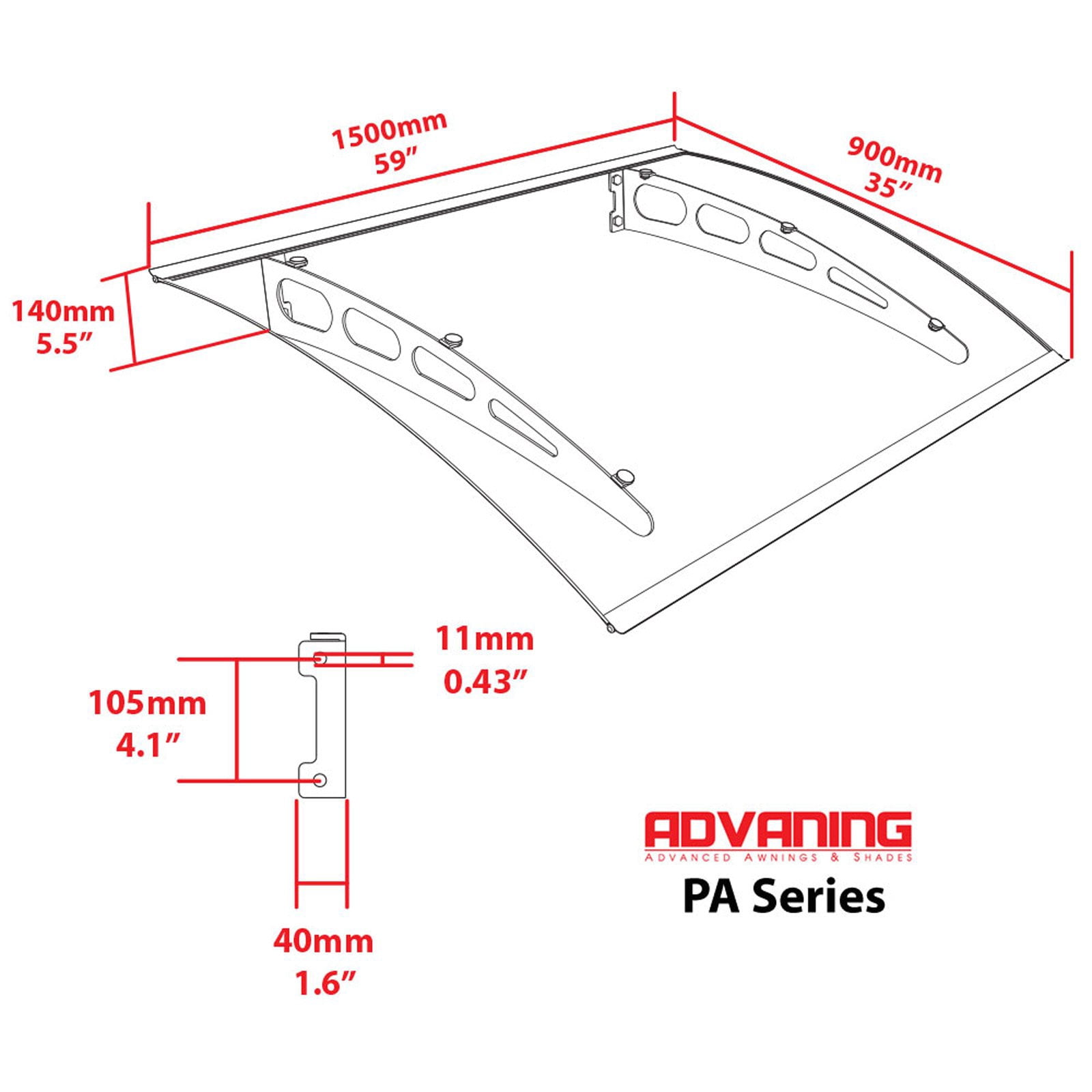 ADVANING 59"x35" Solid Polycarbonate Door Awning - PA Series, Clear Panel with Silver Brackets