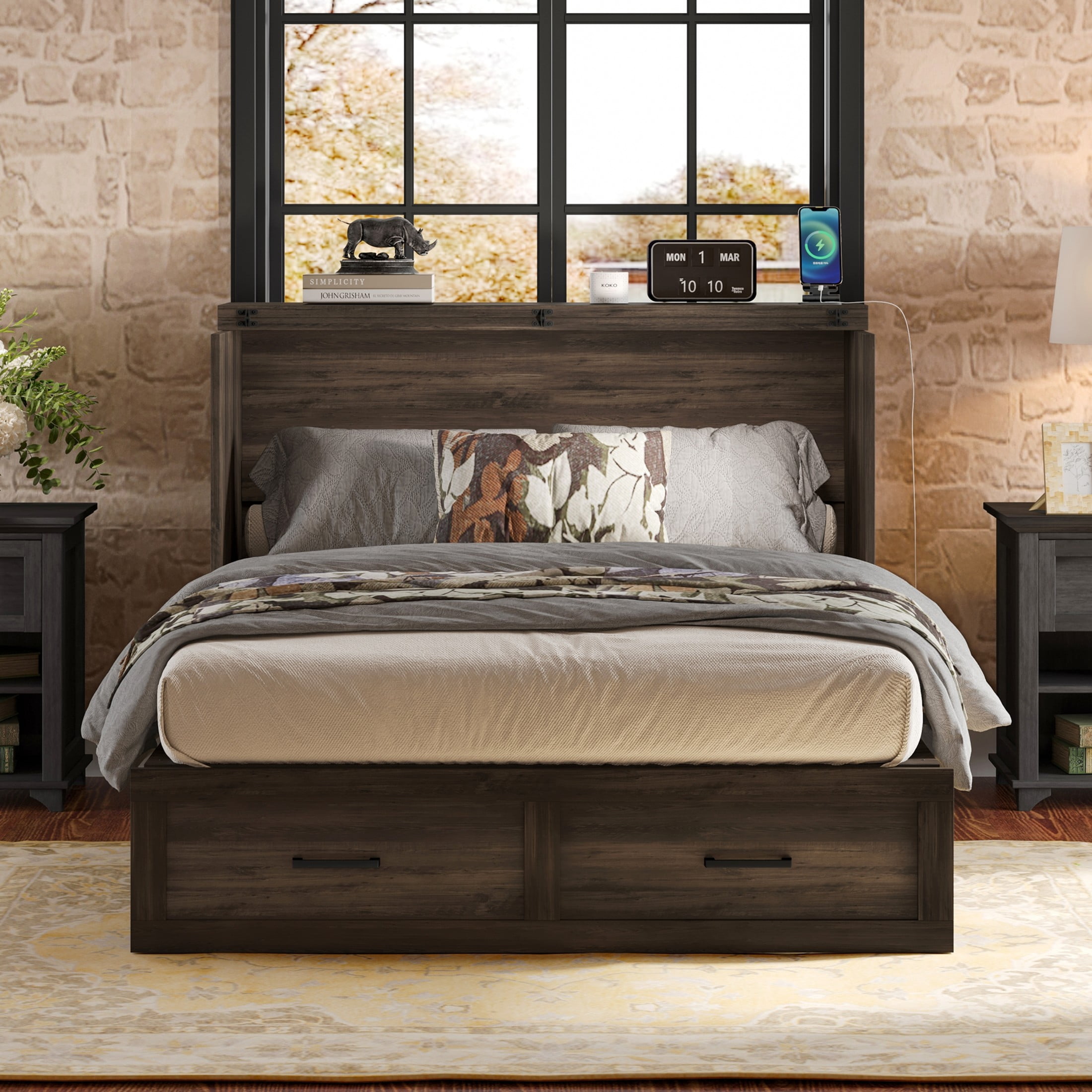 Noble House Full Size Farmhouse Murphy Cabinet Bed with Charging Station and Storage Drawer, Foldable Platform Bed,Gray