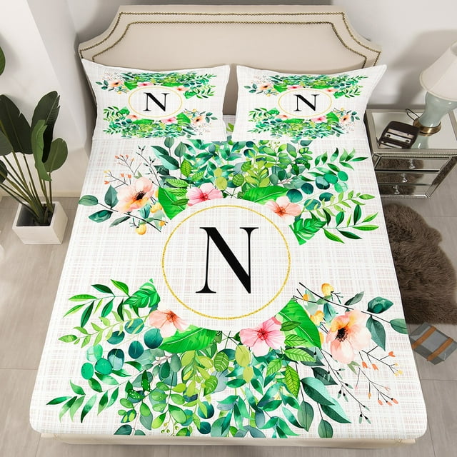 Erosebridal Monogrammed N Fitted Sheet Set Full, Rustic Groovy Bedding Full Size, Initial Letter Fitted Sheet Full, Microfiber Bedroom Decorative, 3pcs(No Top Sheet)