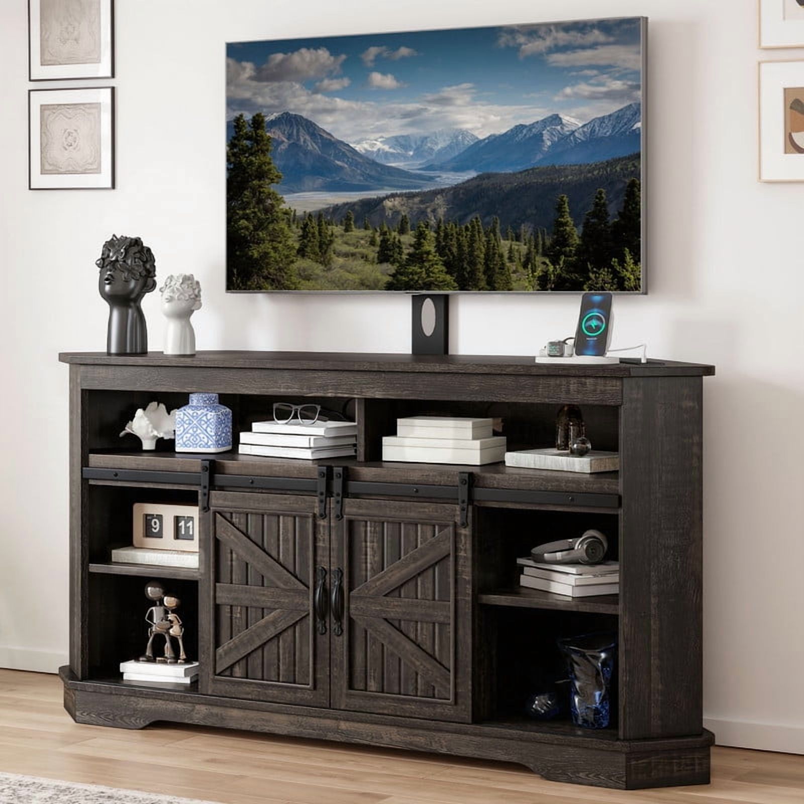 Uforic TV Stand for 70" TV with Mount, Farmhouse Entertainment Center with Power Outlets & Sliding Barn Doors, Dark Rustic Oak