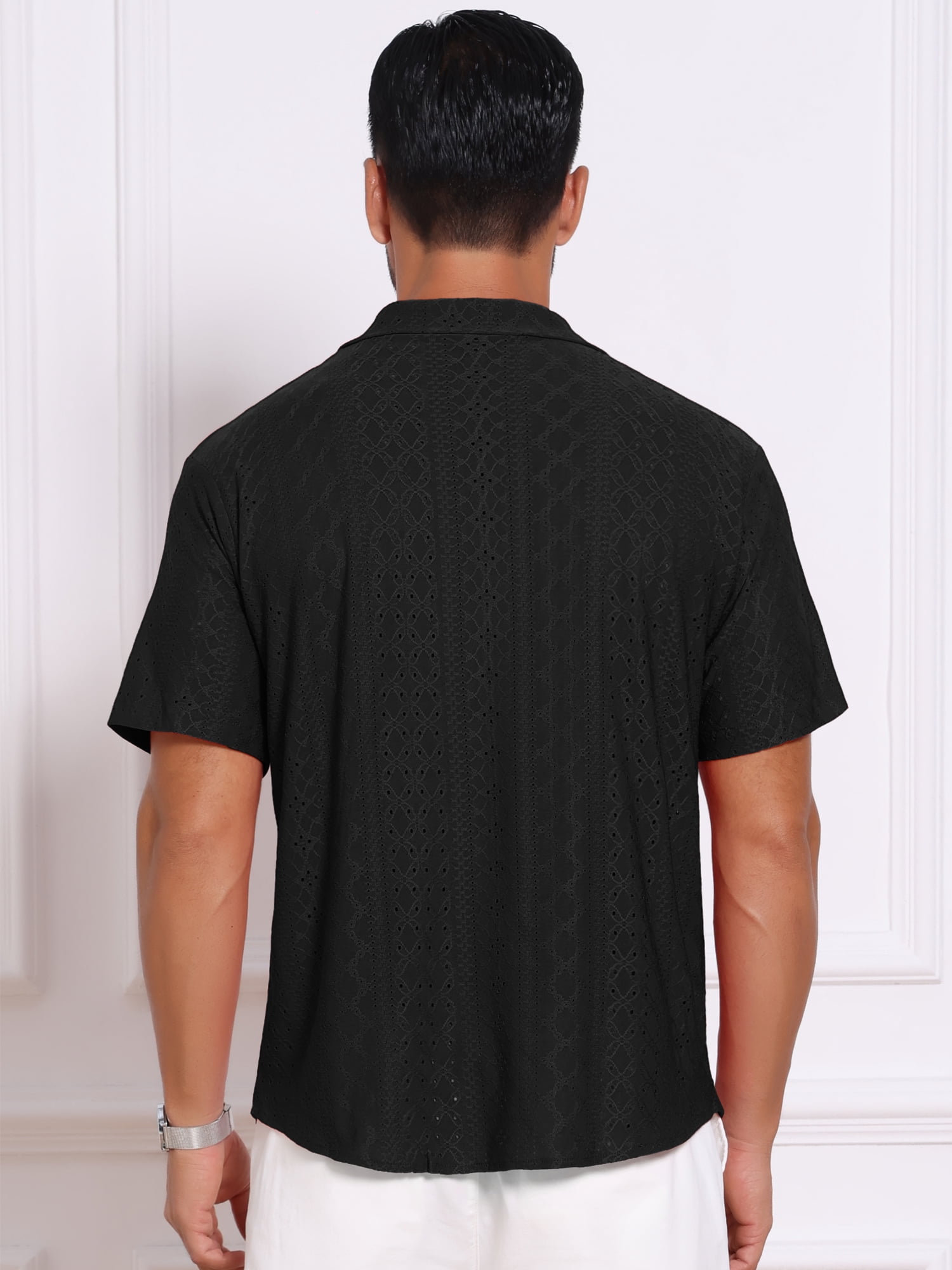 DARING DIVA Men's Hollow Texture Knit Short Sleeve Camp Collar Shirt 2XL Black