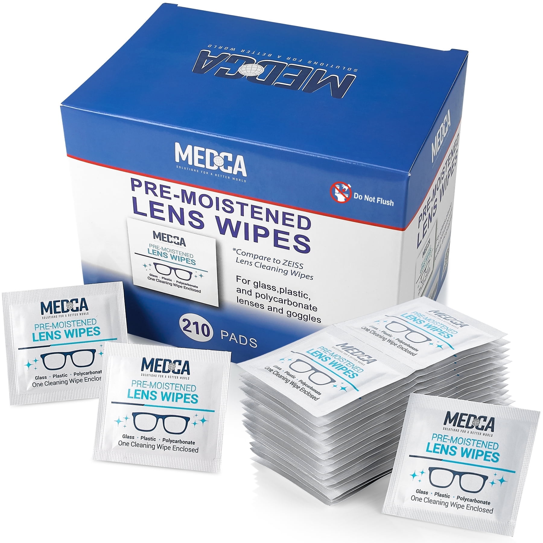 MEDca Lens Wipes, Pre-Moistened Lens Cleaning Wipes, Individually Wrapped, Ammonia-Free, 210 Count