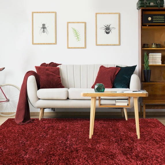 Elegant and Plush Hand-Woven Solid Shag Indoor High Traffic Area Rug by Blue Nile Mills - 5' x 8', Burgundy