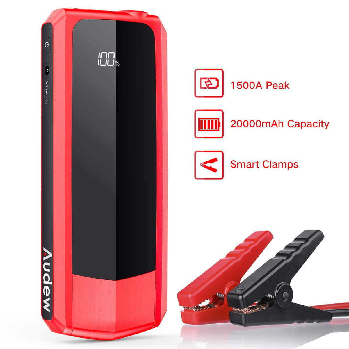 Audew Portable Jump Starter, 2000A Peak 20000mAh Auto Battery Booster Charger for All Gas Engines or Up To 8.5L Diesel Engines