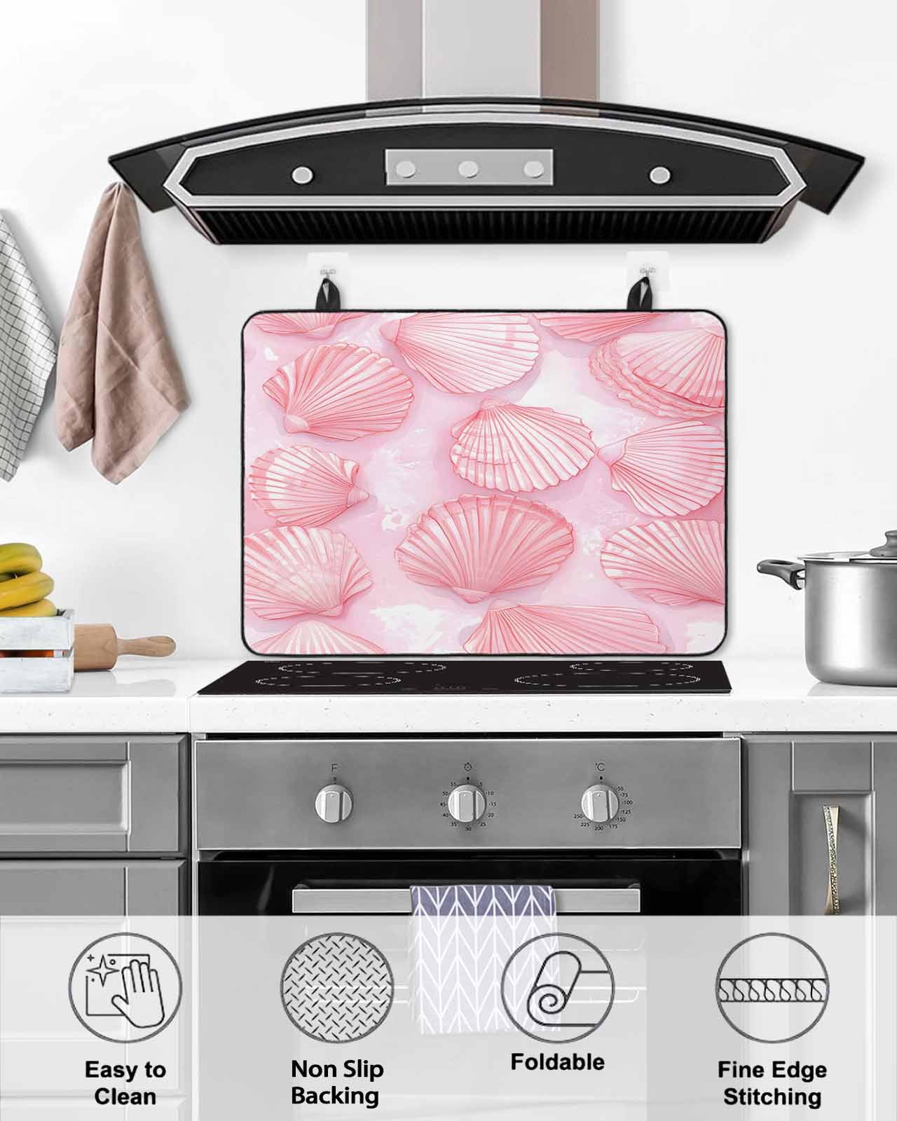 nqOlkjepod Large Induction Cooktop Protector Mat 24"x21", Pink Coastal Stove Top Covers for Electric Stove, Summer Shell Beach Nautical Seaside Stove Burner Cover Mats, Glass Top Stove Cover