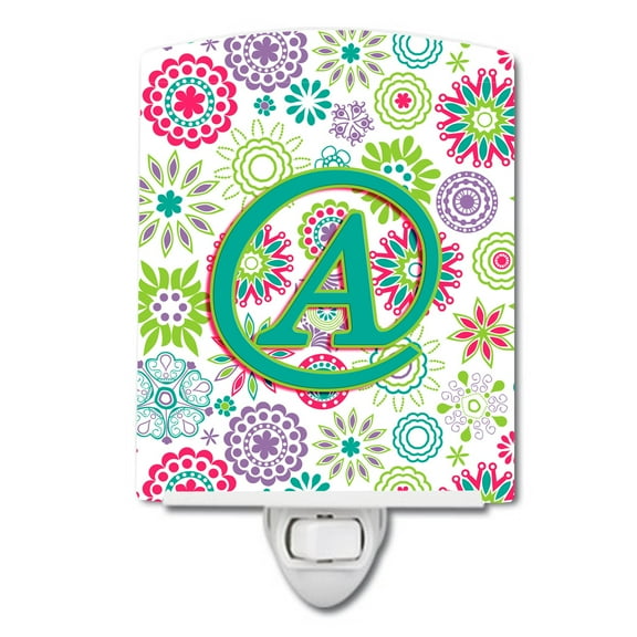 Letter A Flowers Pink Teal Green Initial Ceramic Night Light