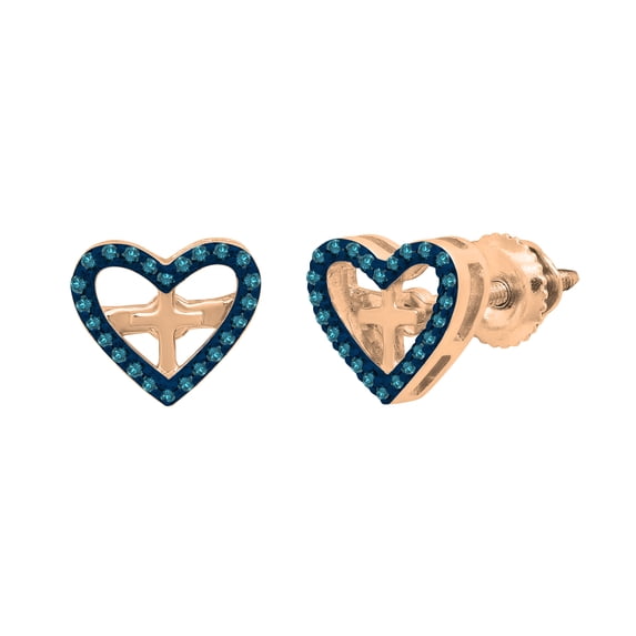 Dazzlingrock Collection Round Blue Diamond Small Cross Within Open Heart Frame Screwback Stud Earrings for Women (0.10 ctw, Color Blue, Clarity I2-I3) in 10K Rose Gold