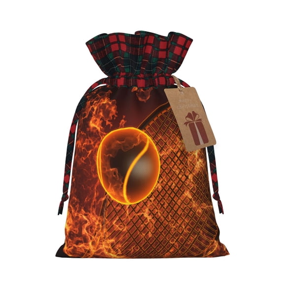 Kdxio Tennis Racket In Fire Christmas Drawstring Bags Xmas Buffalo Plaid Candy Bags Linen Treat Bags Christmas Gift Bags for Presents-Black