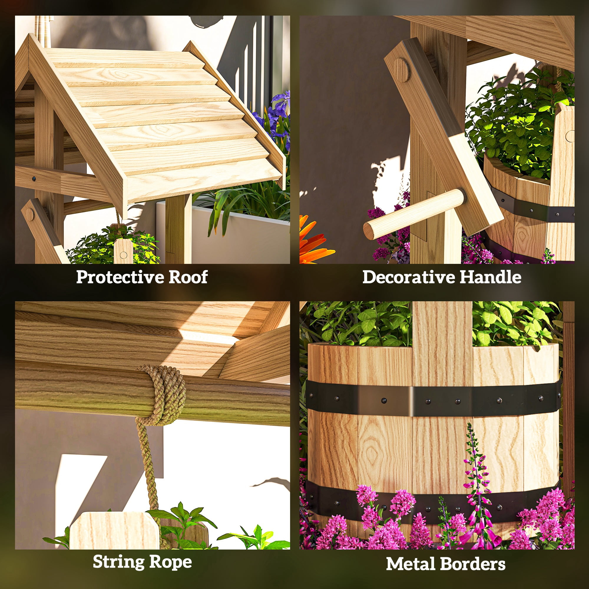 Outsunny Wishing Well for Outside, Wood Wishing Well Planter with Hanging Bucket, Decorative Planter with Drain Hole for Garden Patio, Natural