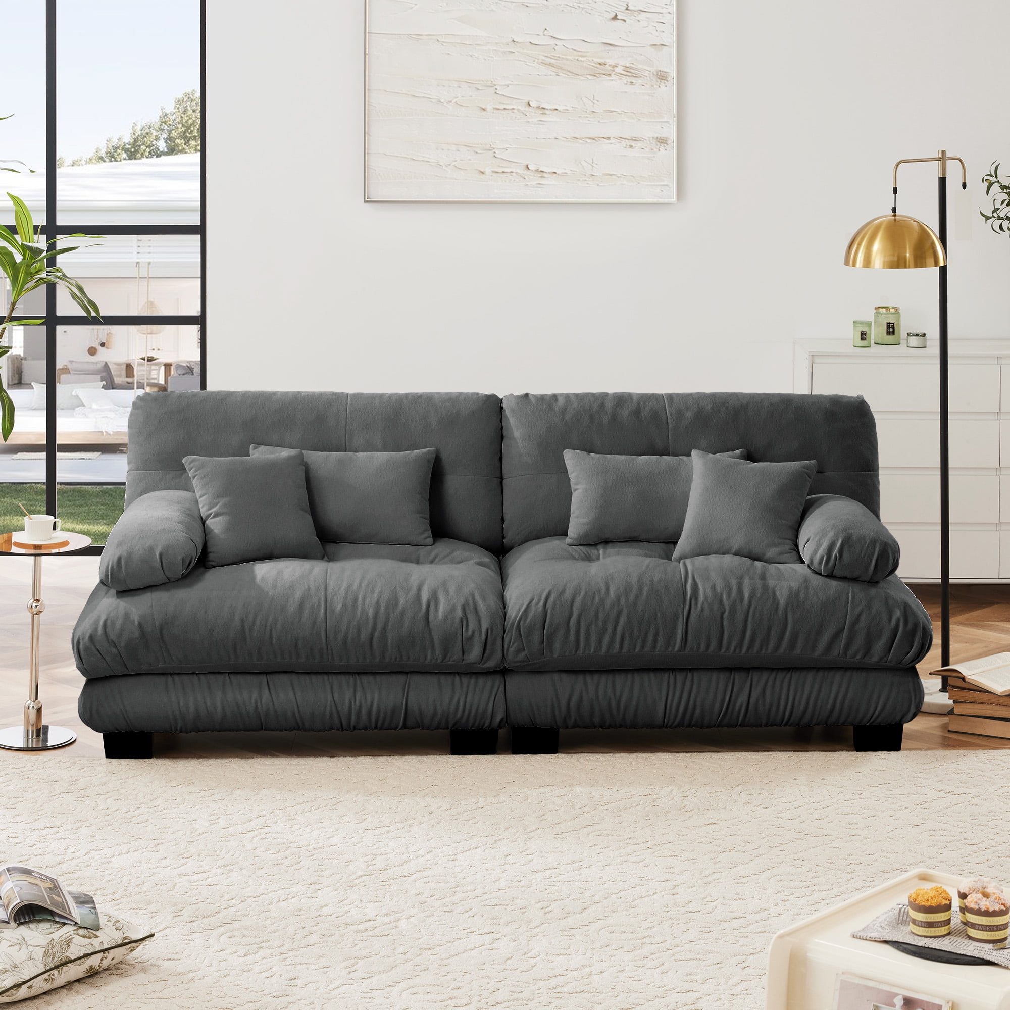 Gewnee Gray Chenille Cloud Couch 2 Seater Sofa with 2 Lumbar pillows 2 - Seat sofa for Living Room