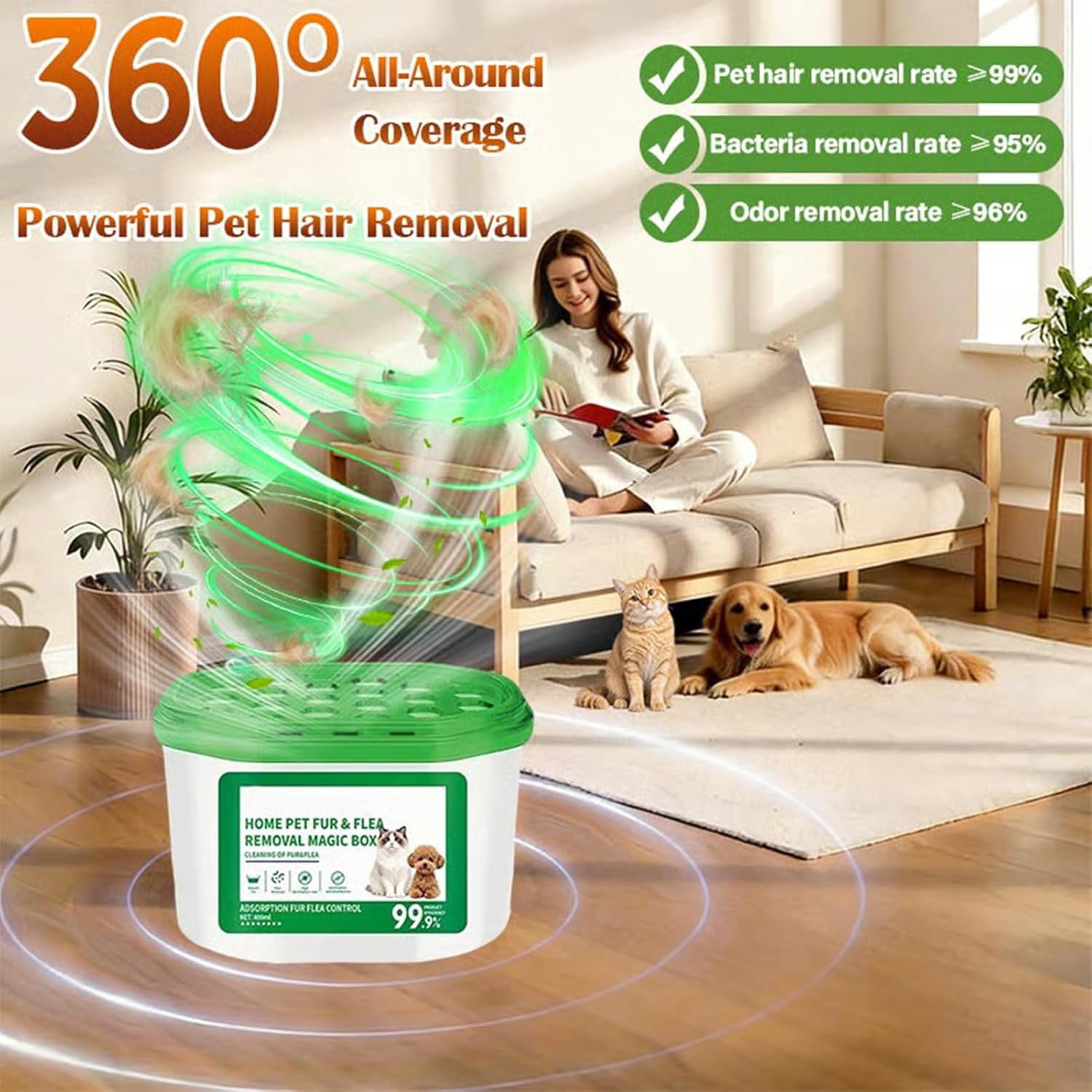 Home Pet Fur & Odor Removal Magic Box, Pet Hair Removal Magic Box, Automatic Pets Fur Collection All Day Long, Portable Odor Eliminator & Dust Collector for Bedroom, Living Room (1pcs)