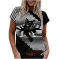 thumbnail image 1 of Camiseta informal para mujer con estampado de gato y cuello redondo, blusa de manga corta, Tops Fridja  bn4689, 1 of 4