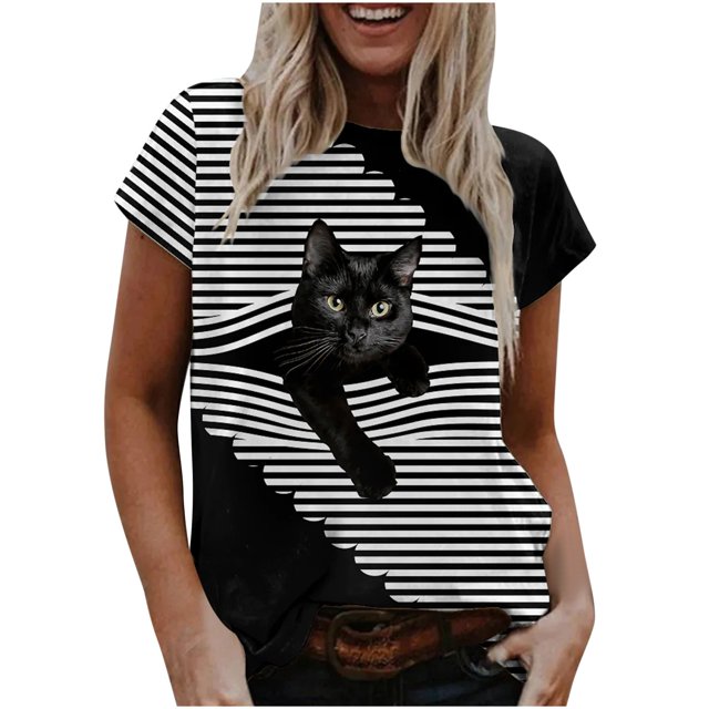 Camiseta informal para mujer con estampado de gato y cuello redondo, blusa de manga corta, Tops Fridja bn4689