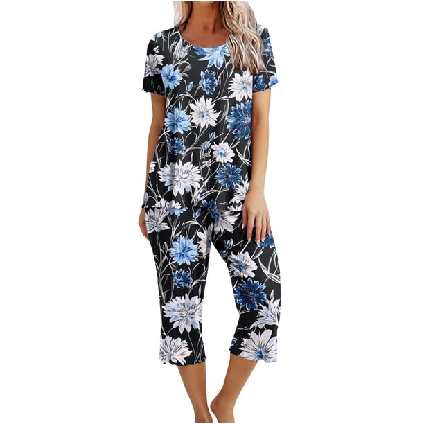 Conjunto de Verano para las Mujeres Impreso Cuello Redondo sin Mangas Y Pantalones, Casual Dos Piezas para las Mujeres