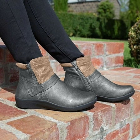 

Womens Flats Leather Round Toe Non-slip Shoes Zipper Comfortable Ankle Booties