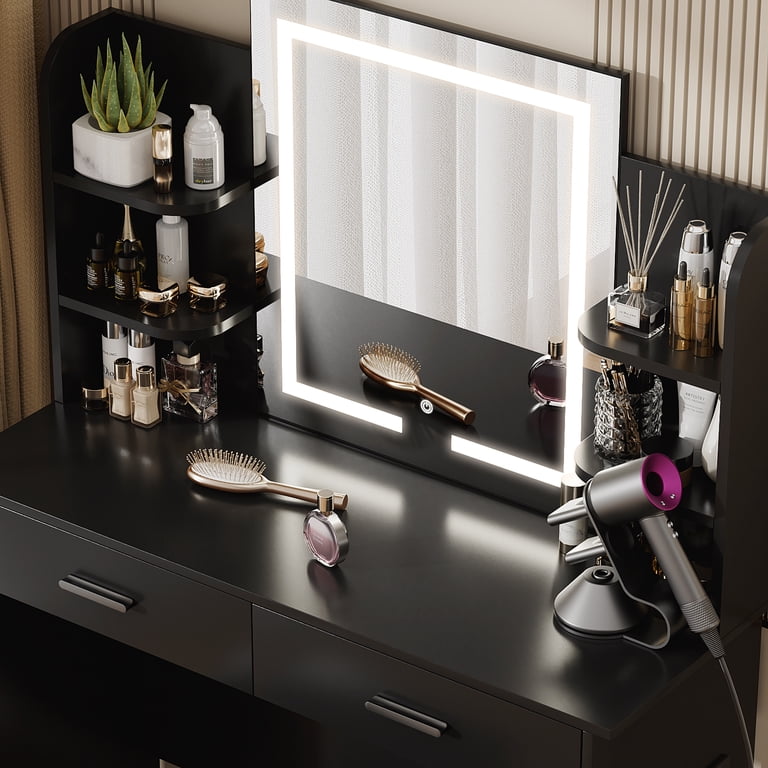 Large Modern Dressing Table & Stool Set With LED Mirror - 3 Drawers, 2 Cabinets, 6 Shelves, Built-in Outlet (Black)-1006959