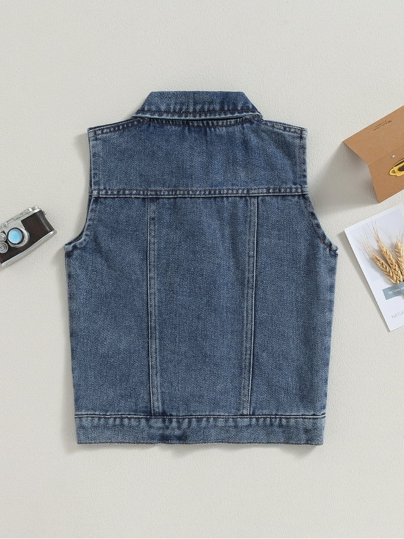 Wassery Kids Boys Sleeveless Denim Jacket Girls Turn-down Collar