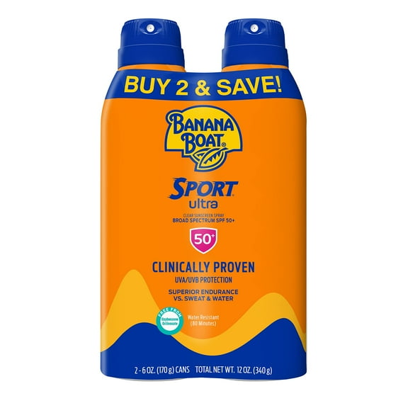 Banana Boat Sport Ultra SPF HYZ01 50 Sunscreen Spray Twin Pack | Banana Boat Sunscreen Spray SPF 50, Spray On Sunscreen, Water Resistant Sunscreen, Oxybenzone Free Sunscreen Pack, 6oz each