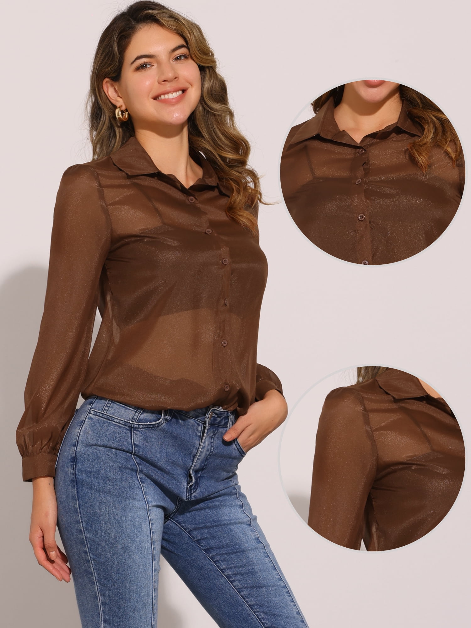 DARING DIVA Women's Mesh Sheer Tops Point Collar Button Down Shirt M Brown
