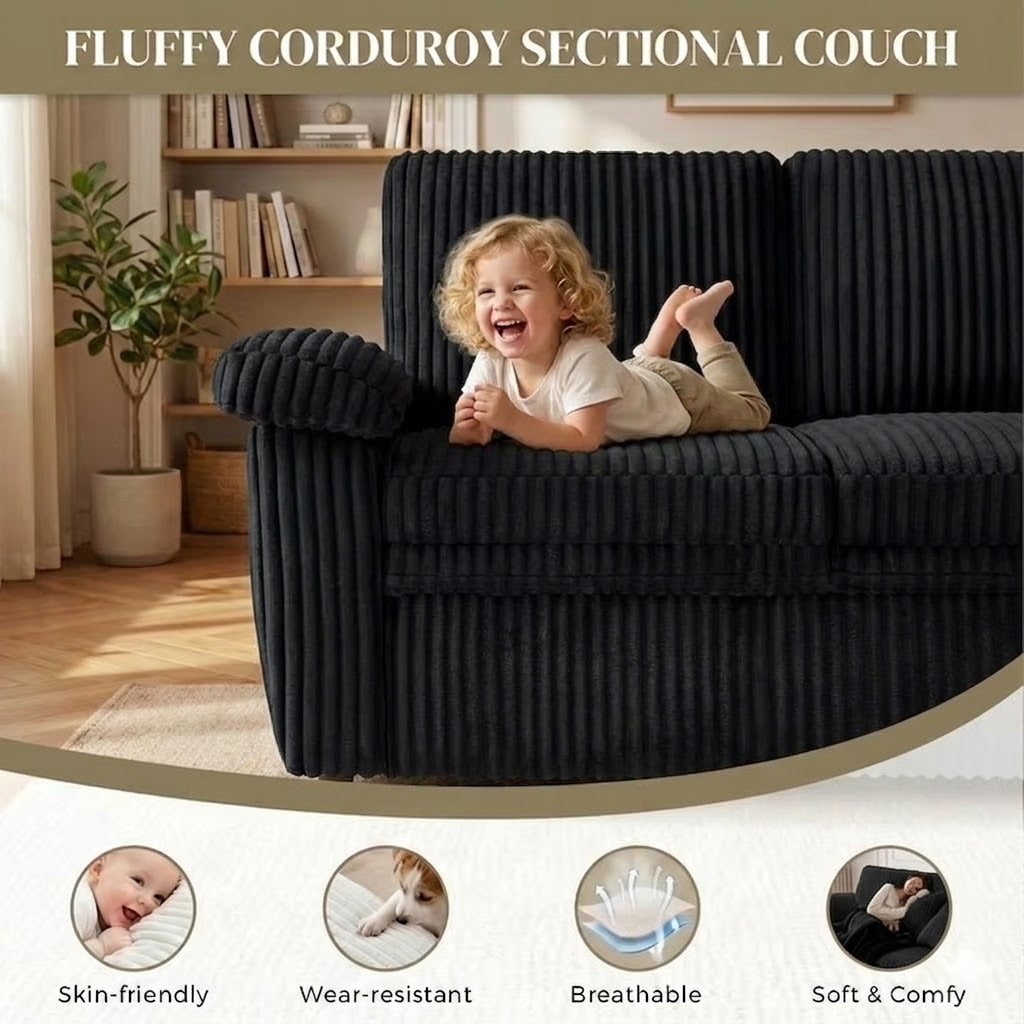 Howcool Modular Sectional Sleeper Sofa, U‑Shaped 7‑Seat Convertible Cloud Couch with Pull‑Out Bed Storage Chaise,USB Charging Ports & Corner Coffee Table Plush Corduroy Couch for Living Room,Black