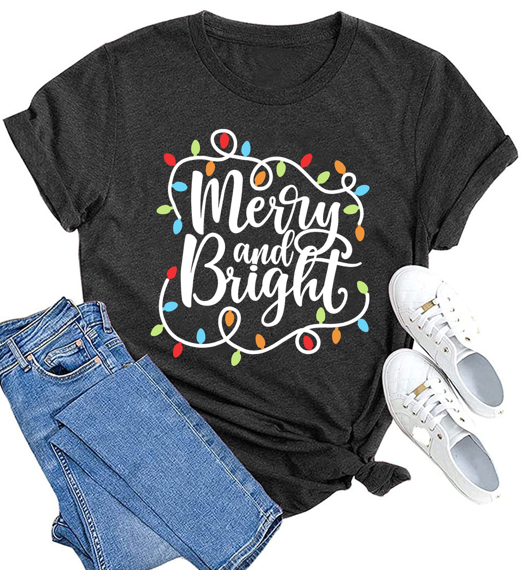 Christmas Shirt Womens Merry and Bright Shirts Xmas Holiday Tshirt Christmas Lights Tee Tops
