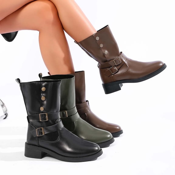 THDHVS Womens Boots,Shoes for Women,Fashion Casual Fashion Comfortable Plus Size Short Boots Solid Color Round Toe Belt Buckle Heel Low Heel Mid-Calf Boots Brown