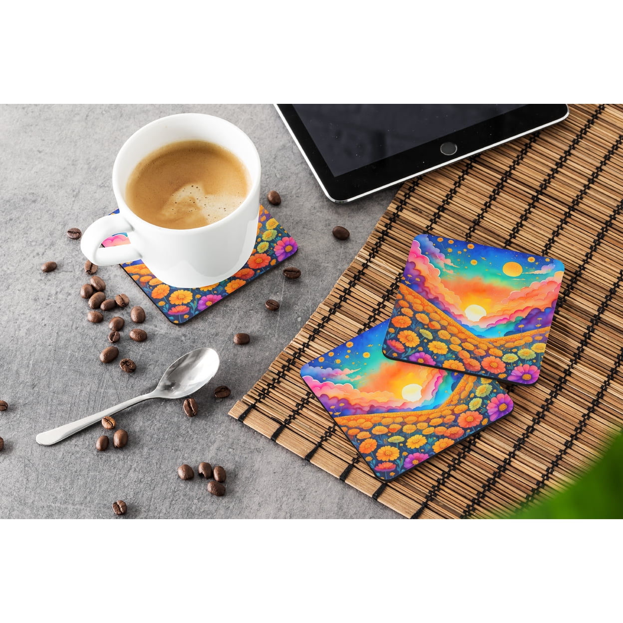 Colorful Marigolds Foam Coaster Set of 4 3.5 in x 3.5 in