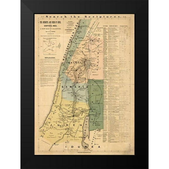 Vintage Maps 11x14 Black Modern Framed Museum Art Print Titled - Journeys of Jesus