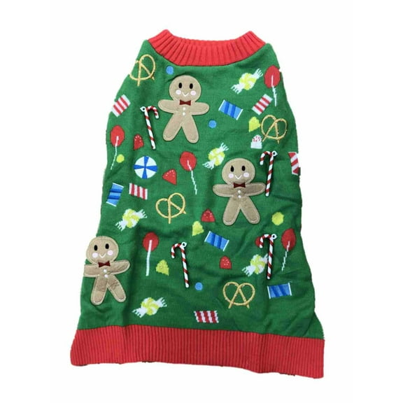 Green Holiday Christmas Treats Ginger Bread Man Dog Sweater Pet Costume Medium