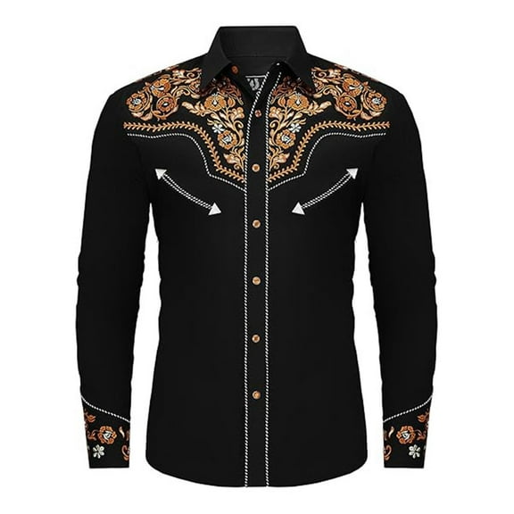 Krdevn Men's Western Cowboy Shirts Long Sleeve Embroidered Shirts Slim Fit Casual Button Down Shirt with Pockets,S
