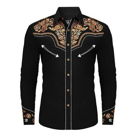 GDREDA Mens Western Cowboy Shirt Long Sleeve Embroidered Slim Fit Casual Button Down Shirt With Pockets Orange,XXL