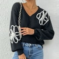 thumbnail image 4 of Women's Print Floral Embroidered Knit Sweater V Neck Long Sleeve Loose Fit Pullover Sweater Casual Basic Tops, 4 of 7