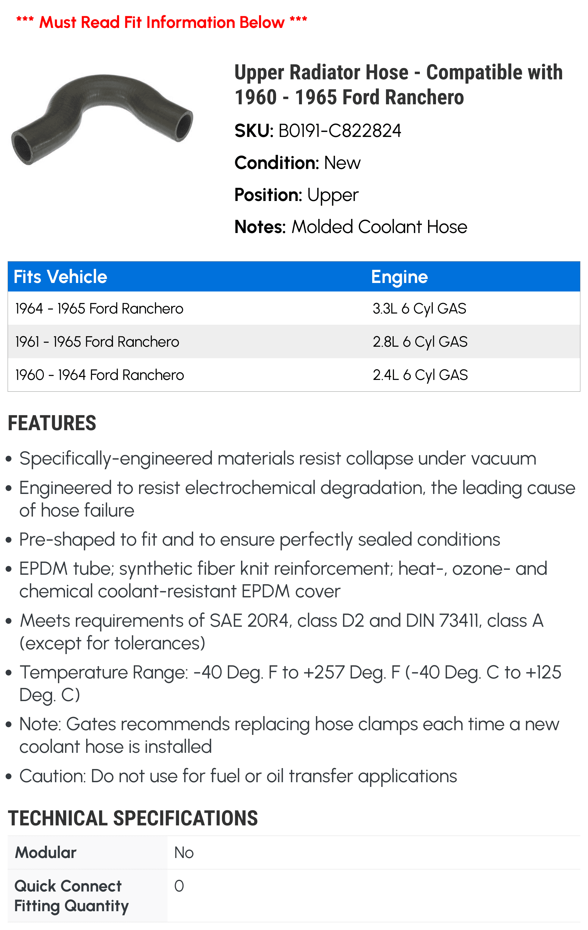 Upper Radiator Hose - Compatible with 1960 - 1965 Ford Ranchero - Gates
