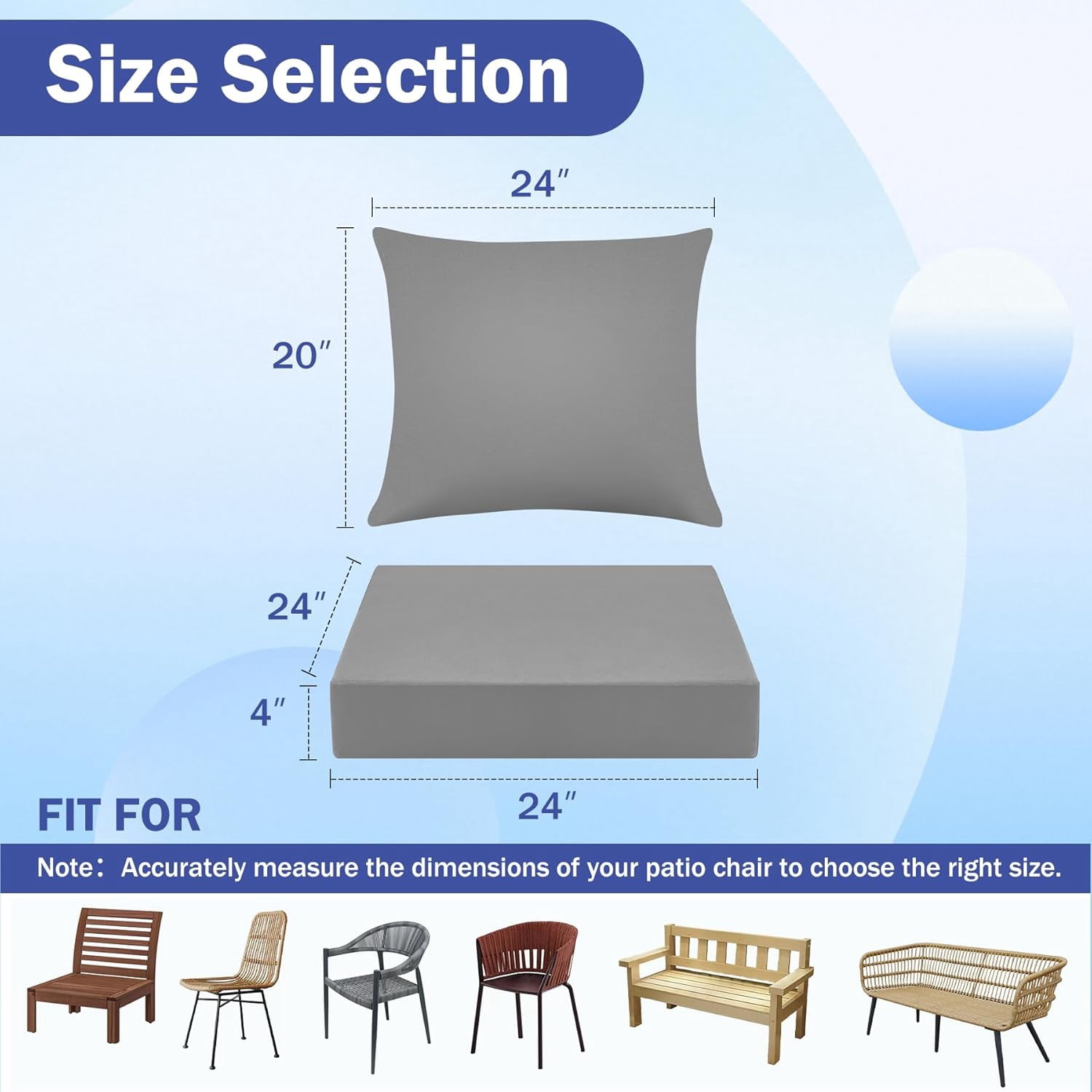 Outdoor Seat Cushion Set, Waterproof & Fade Resistant Patio Chair Cushions, Outdoors Cushion for Patio Furniture, 24 x 24 x 4 Inch, Outdoor Couch Cushions with Handle and Ties, Grey