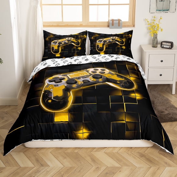 YST Toddler Size Gaming Bedding Sets for Boys Kids Gamer Duvet Cover for Teen Girls Bedroom Decor,Yellow and Black Geometric Checkered Comforter Cover Video Game Bed Set 2Pcs