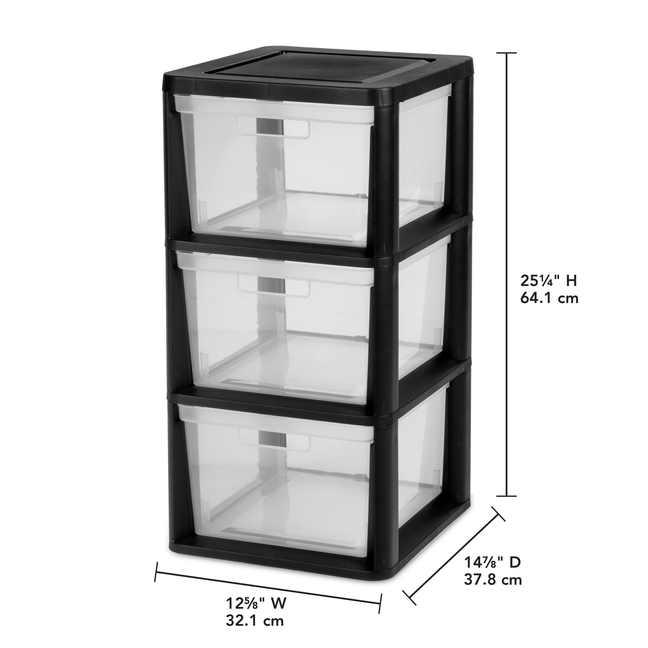 (2 pack) Sterilite 3 Drawer Tower, Plastic Storage Organizer with Removable Clear Bins, Easy to Assemble - No Tools Needed, Black
